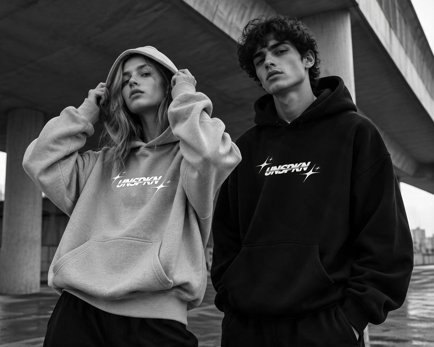 Two models in UNSPKN hoodies under a concrete bridge